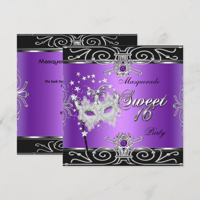 Convites Masquerada Doze Anos Aniversário Roxo Preto (Frente/Verso)