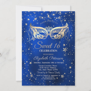 Convites Masquerada, Estrelas Douradas Azul Sweet 16