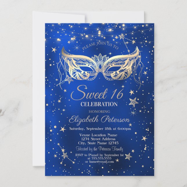 Convites Masquerada, Estrelas Douradas Azul Sweet 16 (Frente)