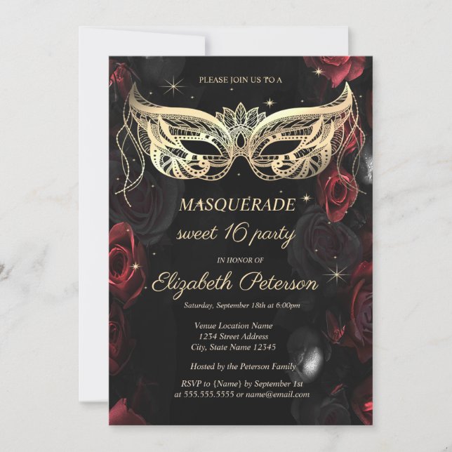 Convites Masquerada Rosas Vermelhas Escuras Gótico Sweet 16 (Frente)