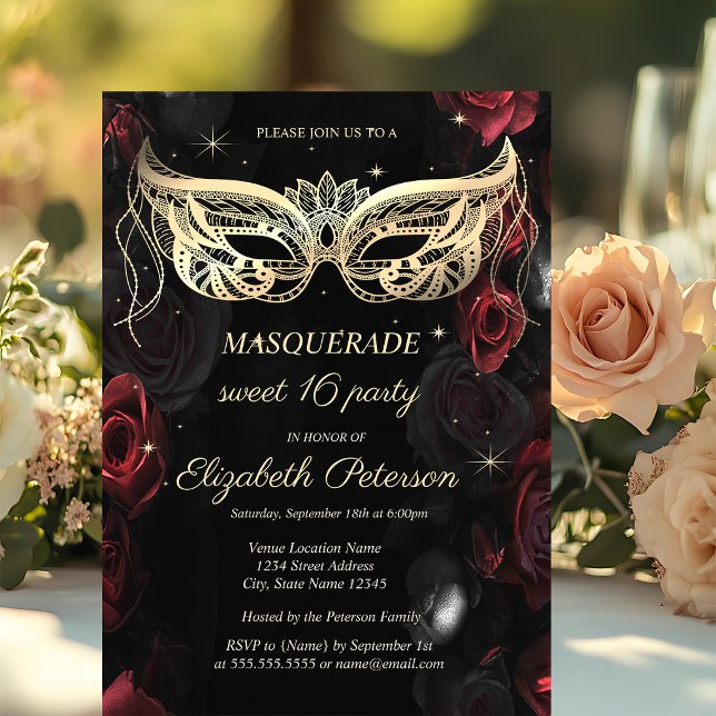 Convites Masquerada Rosas Vermelhas Escuras Gótico Sweet 16 (Criador carregado)