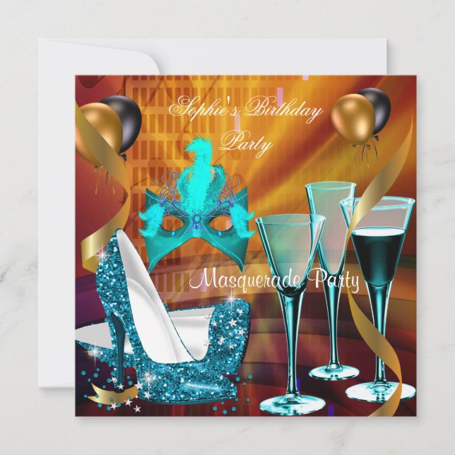 Convites Masquerade Aniversário Azul Turquesa Dourado Vinho (Frente)