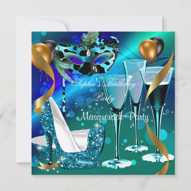 Convites Masquerade Aniversário Azul Turquesa Dourado Vinho (Frente)