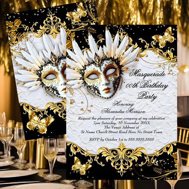 Convites Masquerade birthday Party Gold Black White Mask (Criador carregado)