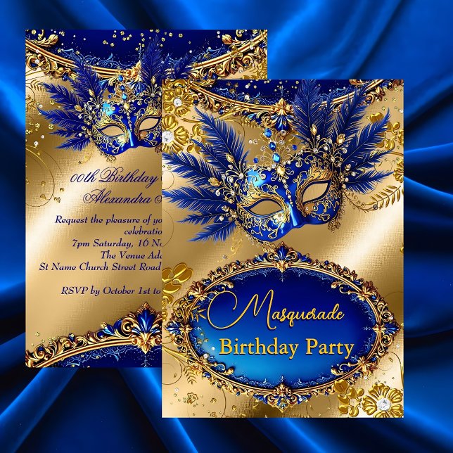 Convites Masquerade birthday Party Gold Blue Mask Feathers (Criador carregado)