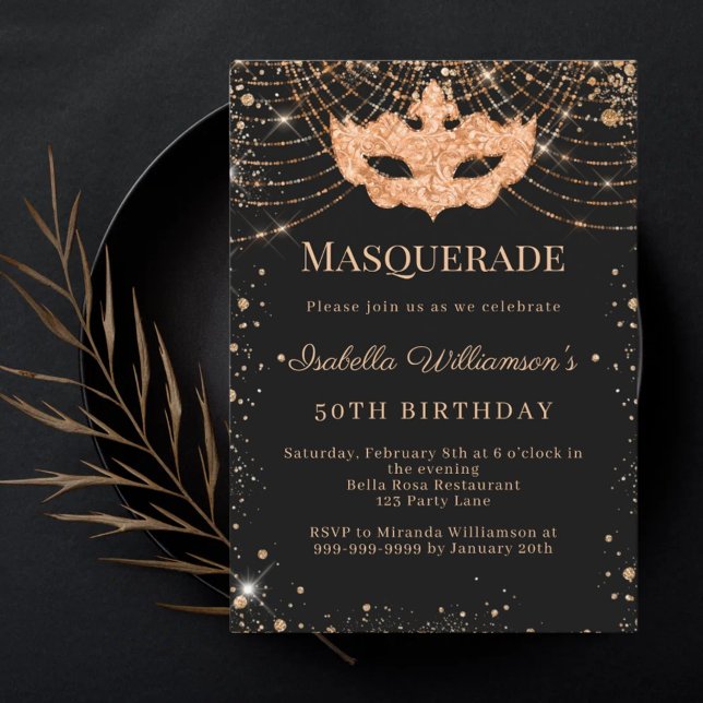 Convites Masquerade black gold birthday party (Criador carregado)