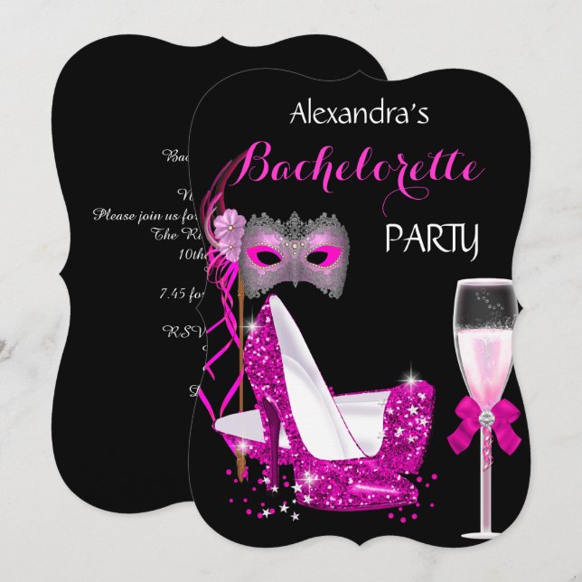 Convites Masquerade Champagne Despedida de Solteira Rosa Qu (Frente/Verso)