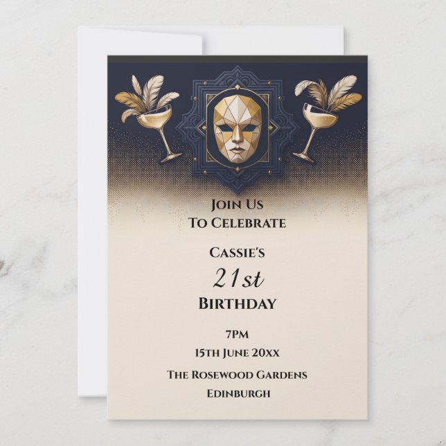 Convites Masquerade Cocktail Navy Gold (Frente)