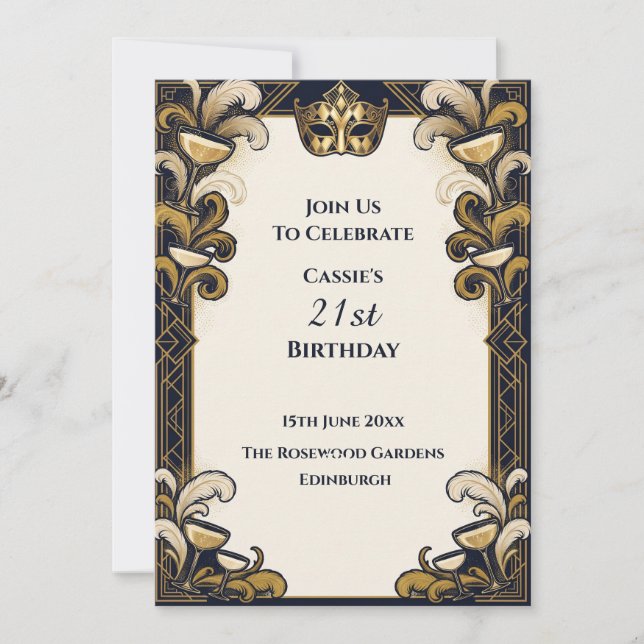 Convites Masquerade Cocktail Preto Dourado (Frente)