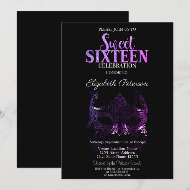 Convites Masquerade,Convite Purple Masque Sweet 16 (Frente/Verso)