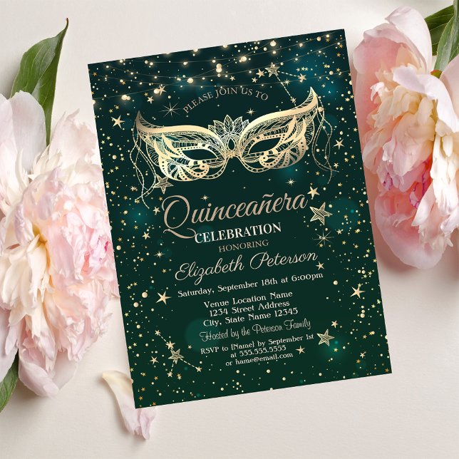 Convites Masquerade, Estrelas Verdes  Quinceañera (Criador carregado)