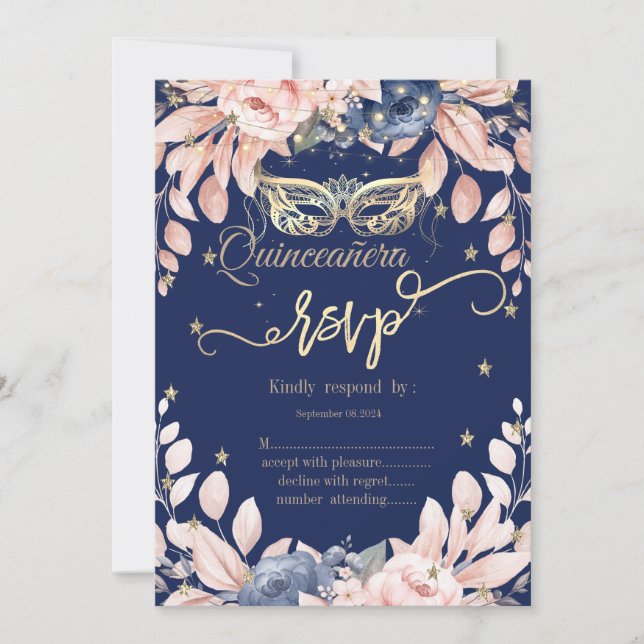 Convites Masquerade, Flores Azuis, Estrelas Douradas RSVP (Frente)