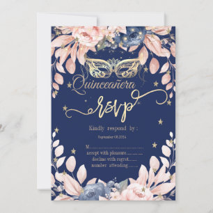 Convites Masquerade, Flores Azuis, Estrelas Douradas RSVP