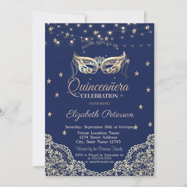 Convites Masquerade,Luzes de Corda,Renda,Estrelas Quinceañe (Frente)