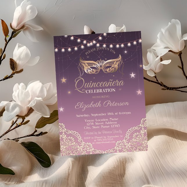 Convites Masquerade,Luzes de Corda,Renda Quinceañera (Criador carregado)