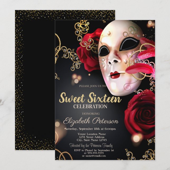 Convites Masquerade,Máscara,Confetes Rosas Vermelhas Sweet  (Frente/Verso)