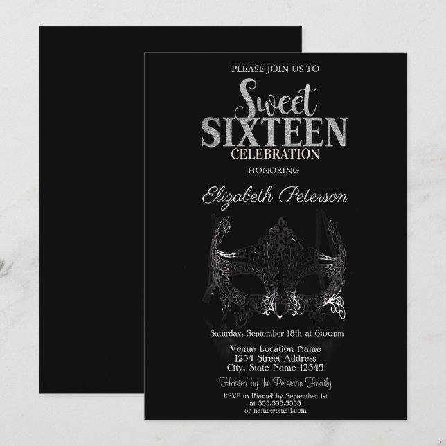 Convites Masquerade, Máscara Prateada Sweet 16 (Frente/Verso)