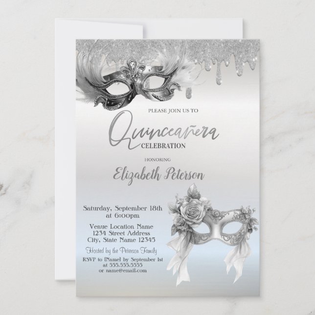 Convites Masquerade Masque Glitter Drips Silver Quinceanera (Frente)