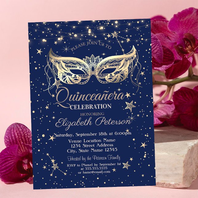 Convites Masquerade, Navy Blue Stars  Quinceañera (Criador carregado)