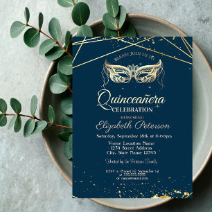 Convites Masquerade, Ouro, Quinceañera Azul-Marinho