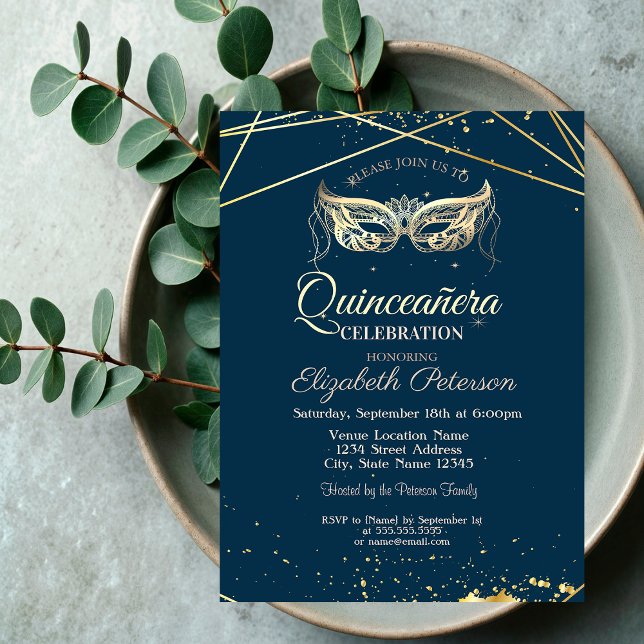 Convites Masquerade, Ouro, Quinceañera Azul-Marinho (Criador carregado)