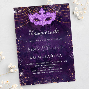 Convites Masquerade Quinceanera purple rose gold party