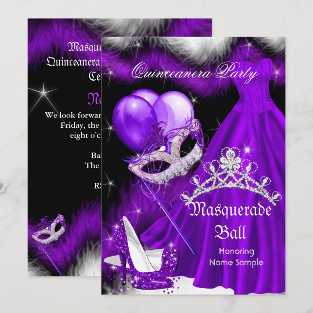 Convites Masquerade Quinceanera Roxo Pena Preta 2a (Frente/Verso)