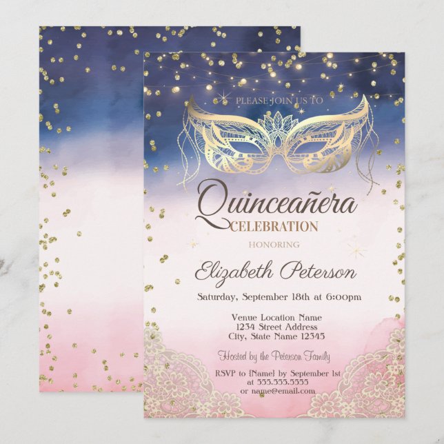 Convites Masquerade, Renda, Diamantes Ombre Quinceañera (Frente/Verso)