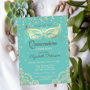 Convites Masquerade, Renda, Diamantes Verde Claro Quinceañe