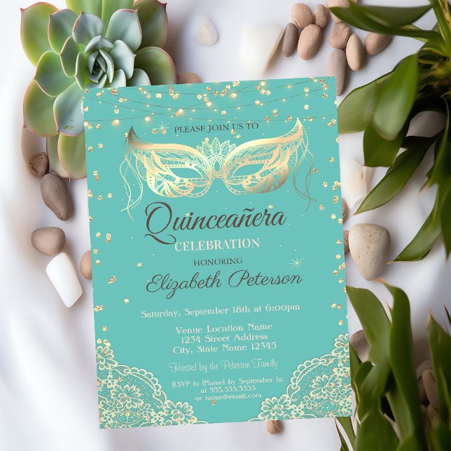Convites Masquerade, Renda, Diamantes Verde Claro Quinceañe (Criador carregado)