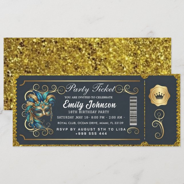 Convites Masquerade Ticket Birthday Invitation Teal Gold (Frente/Verso)