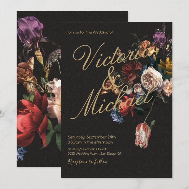 Convites Master Floral Dark & Moody Wedding holandês (Frente/Verso)