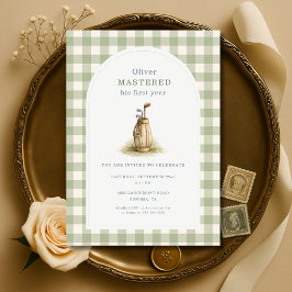 Convites Mastered 1st Year Sage Green Gingham Birthday