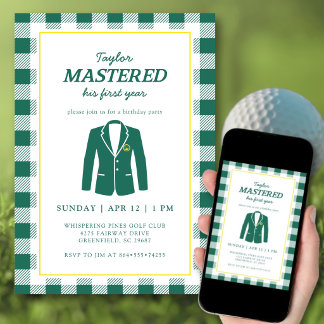 Convites Mastered Golf Theme 1st Birthday Party Green Plaid