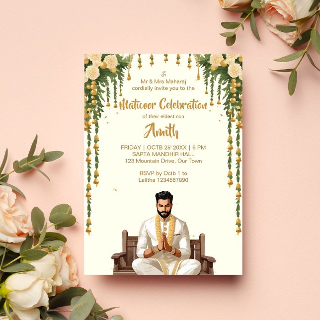 Convites Matikoor Haldi modelo de noivos indianos (Matikoor Haldi Indian wedding invitation for a groom editable template digital download cartoon)
