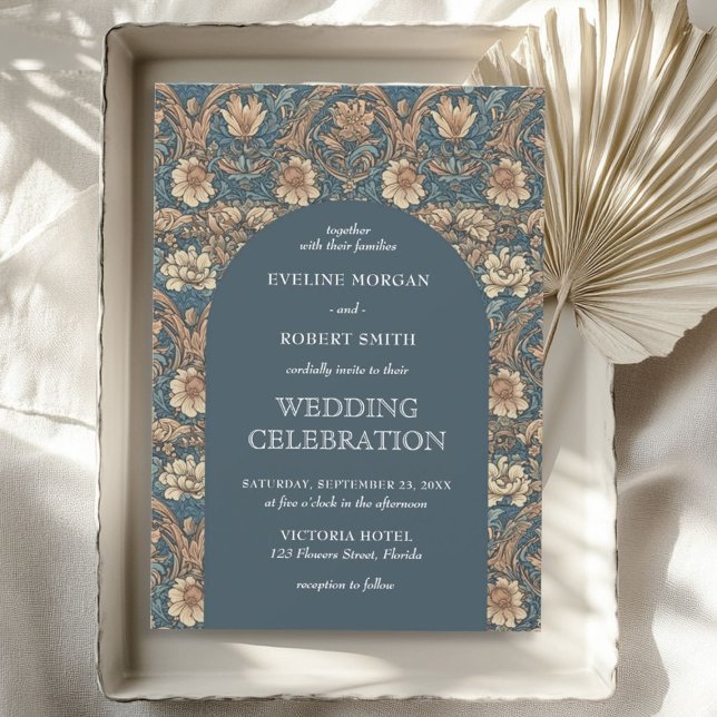 Convites Matizes castanhos poeirentos marfim azul floral No (Chic brown hues dusty blue ivory floral Nouveau Invitation)