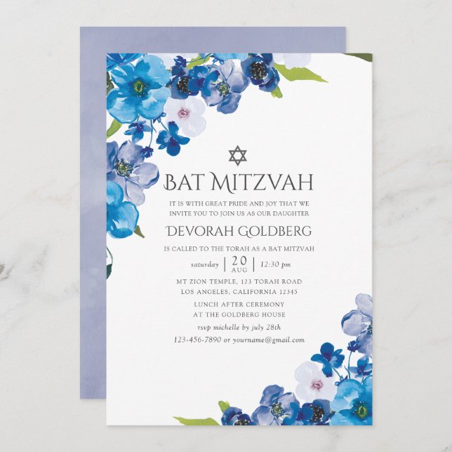 Convites Matizes de Bat Floral Azul Mitzvah (Frente/Verso)