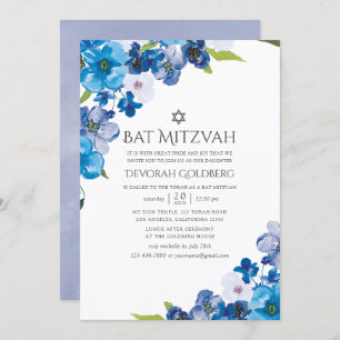 Convites Matizes de Bat Floral Azul Mitzvah