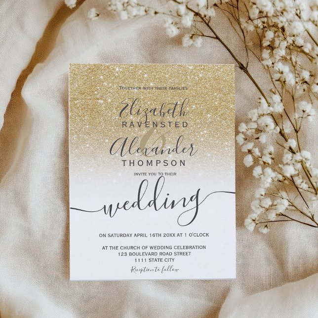 Convites matrimônio branco ombre guião ouro (gold glitter ombre white script chic wedding invitation)