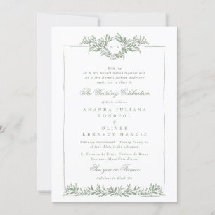Convites matrimônio clássico de folha verde sage wreath etf