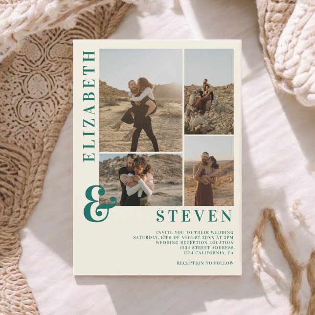Convites Matriz verde bege retrógrado e casamento com grade (Retro green beige ampersand 5 photo grid wedding invitation)
