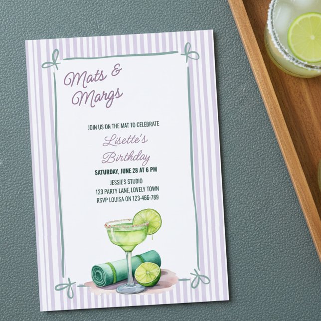 Convites Mats e Margs Pilates Yoga Sip n Stretch Aniversári (Mats & Margs fitness themed celebration invitation by Darling & May)