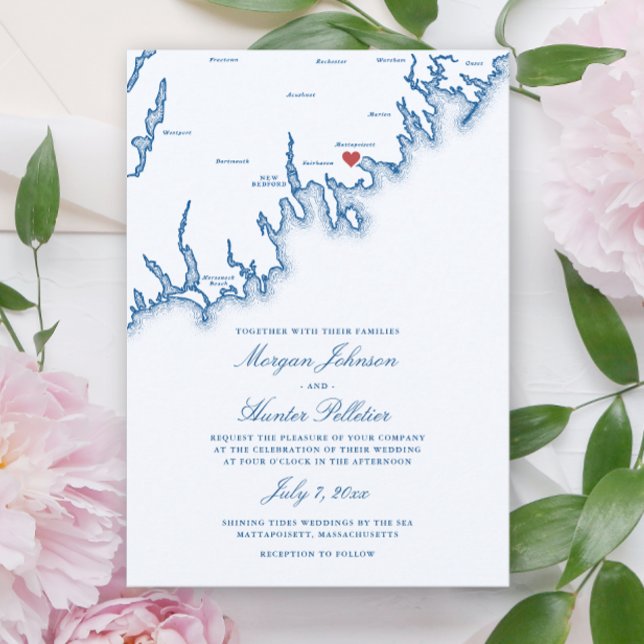 Convites Mattapoisett MA Map Elegant Navy Blue Wedding (Mattapoisett Massachusetts Wedding Invitation in Elegant Navy Blue from Coastal Map Designs)