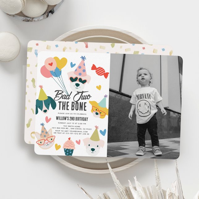 Convites Mau Dois Cães Ossos e Foto de segundo aniversário  (Criador carregado)