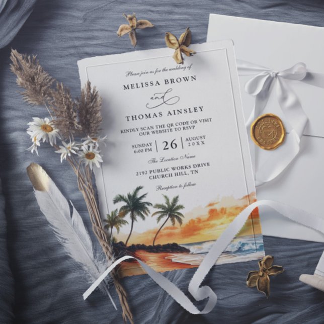 Convites Maui Hawaii Tropical Beach Elegant QR Code Wedding (Criador carregado)