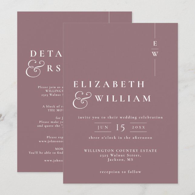 Convites Mauve All In One Modern Monographic Wedding (Frente/Verso)