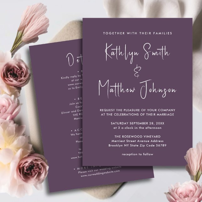 Convites Mauve All In One Modern Script Minimalist Wedding (Criador carregado)