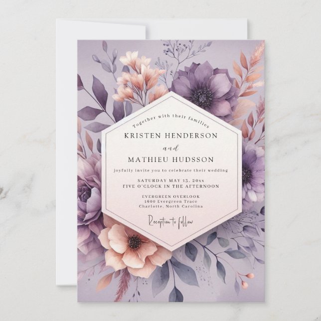 Convites Mauve Aquarelle Bloom Wedding (Frente)