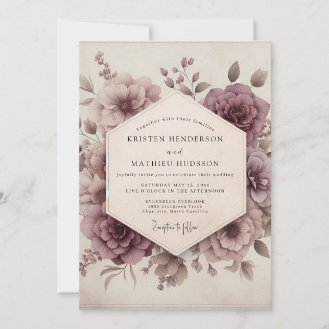 Convites Mauve Bloom Romantic Vintage Wedding (Frente)