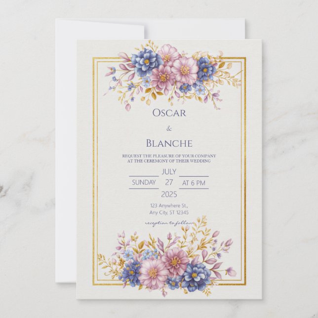 Convites Mauve Blue Botanical Gold Frame Wedding (Frente)
